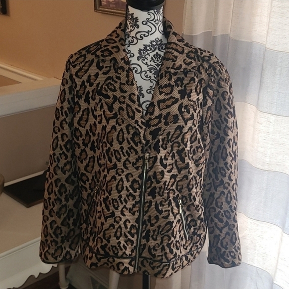 43. Chicos leopard print leather trim gold zipper US size 10-12 Moto type Jacket - Picture 11 of 11